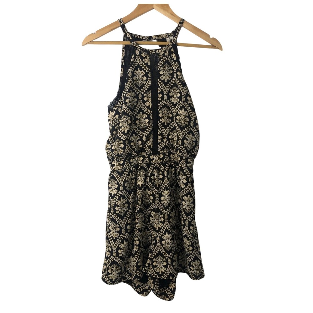 Mono B Romper Women M Black Damask Lace Inset Halter Neck Sleeveless‎ Boho